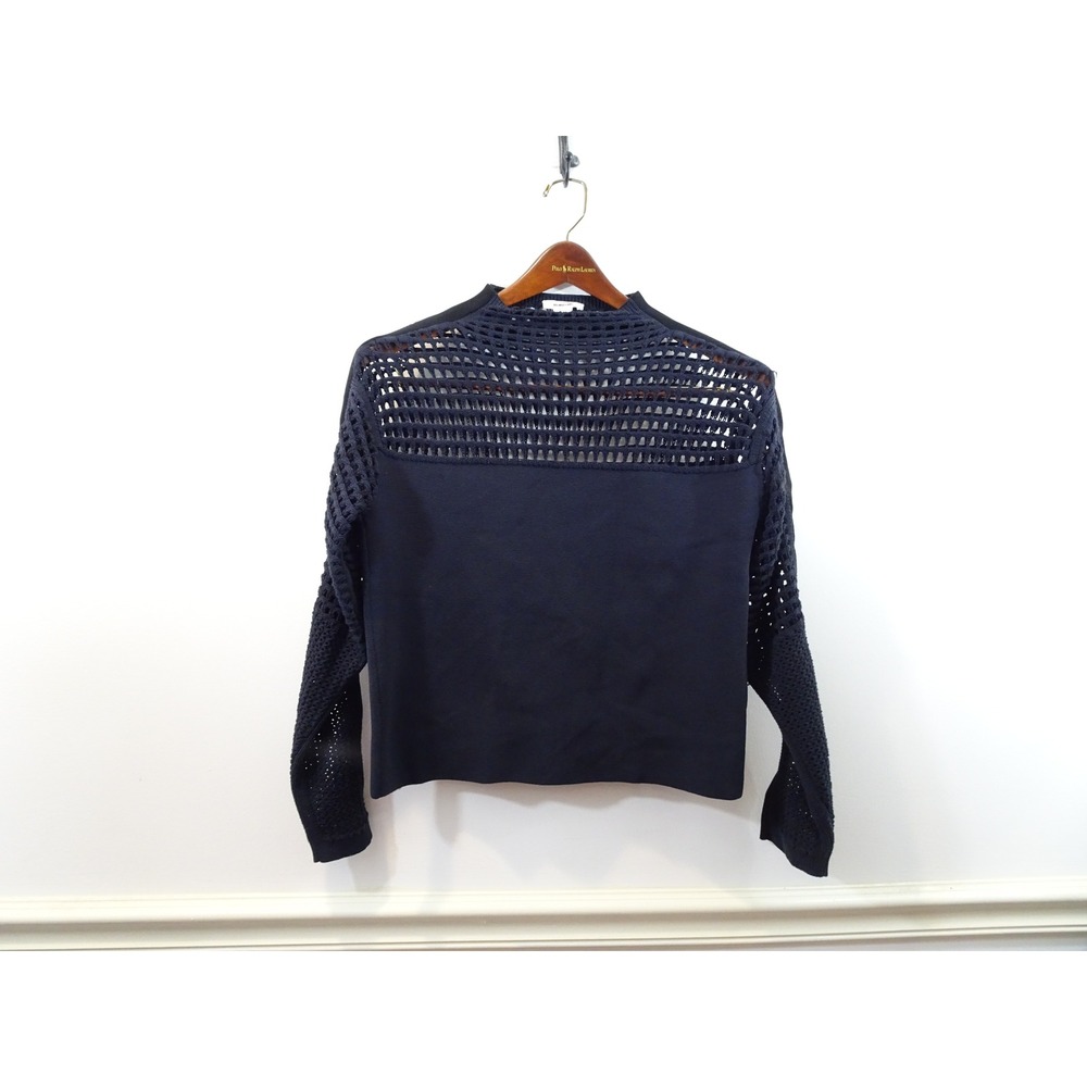 Helmut Lang Navy Blue Open Knit Crochet Yoke Long Sleeve Sweater Small